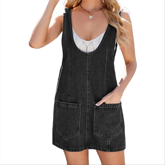 Vestido Vaquero Informal Sin Mangas para Mujer, Cuello Redondo, Estilo Vintage, Holgado, con Bolsillos, Negro, Gris, Talla XL