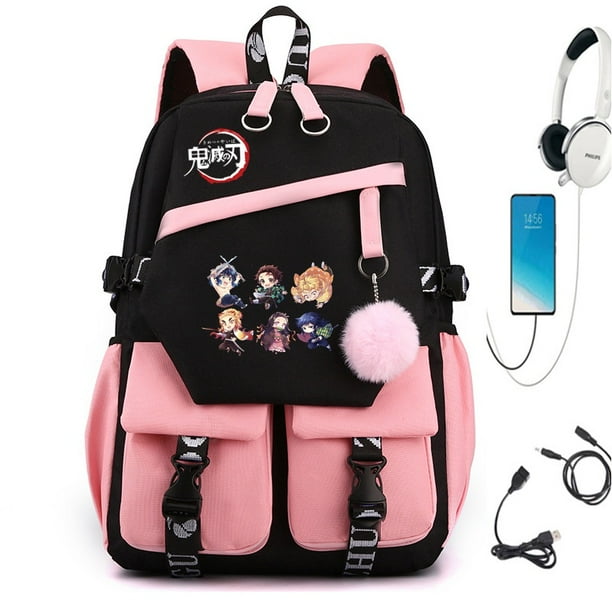 YB1 Demon Slayer Nezuko Mochila Estudiante Niños Gran Capacidad USB Bolsa De Ordenador Transpirable Impermeable Moda W