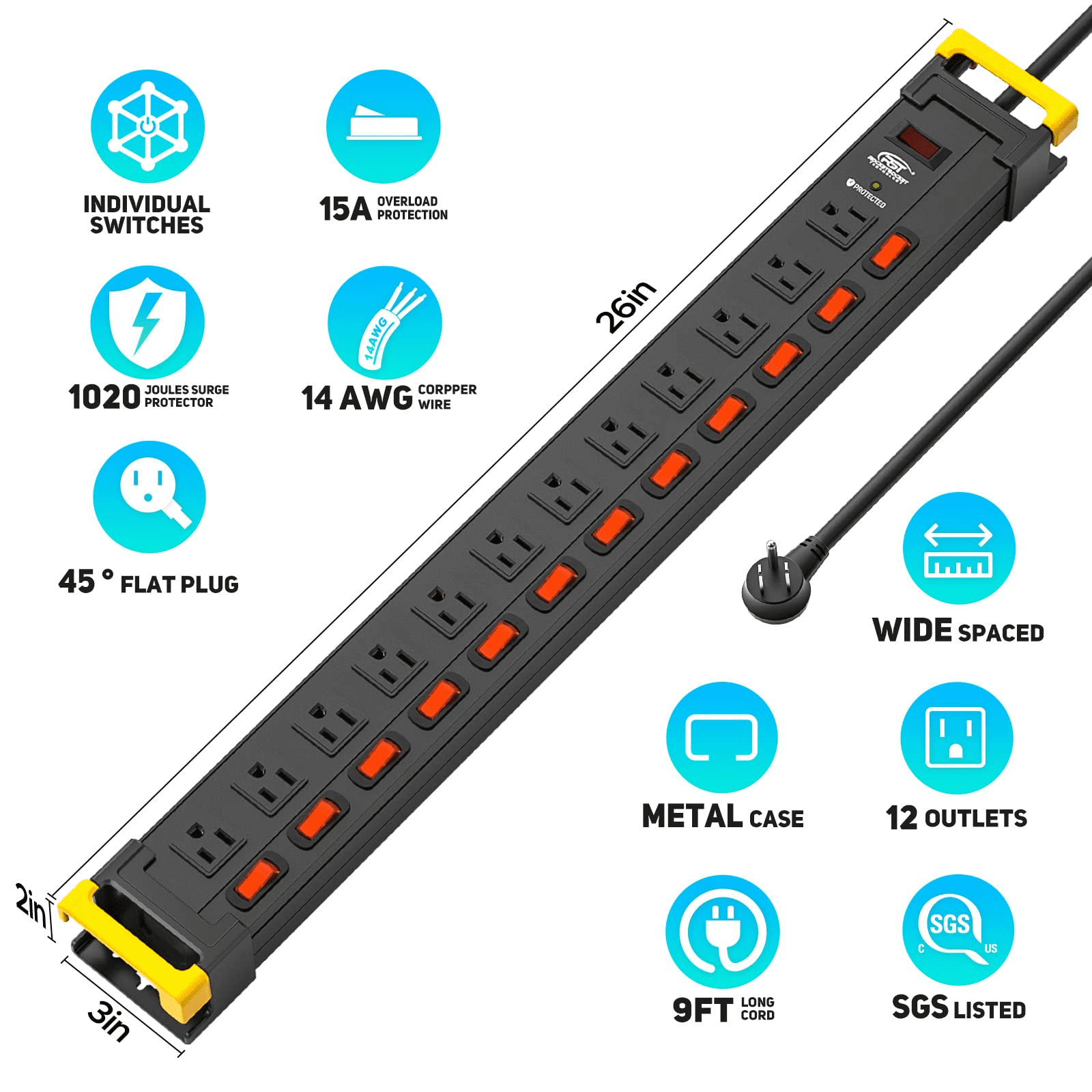 CRST 12 Outlets Heavy Duty Long Power Strip Surge Protector Individual Switches with Cord Manager 14/3 SJT 9 Feet Long Extension Cord, Black