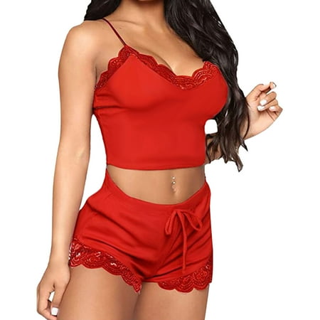 

Rovga Pajamas For Women Casual Comfortable V-Neck Lace Camisole Slim Top Sleeveless Pajama Shorts Home Sleepwear Set
