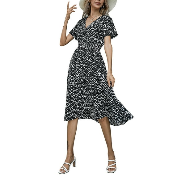 Julycc Women's Swing V Neck Floral Print Stitching Elastic waist Dress