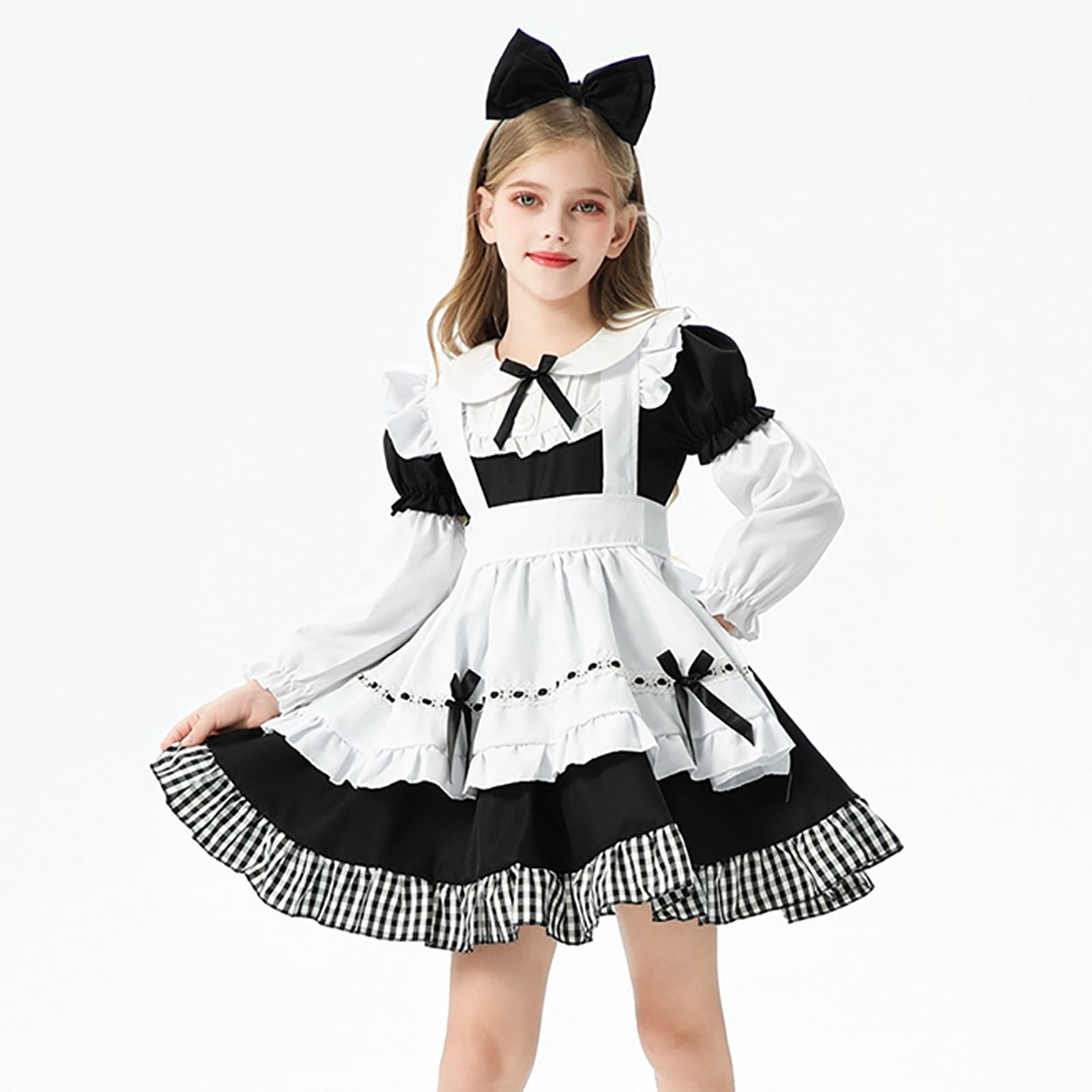Wannsee Japanese Anime 6Pcs Lolita French Maid Apron Fancy Dress Cosplay Costume Gloves Headwear Socks Set(Pink Plus Size 5XL