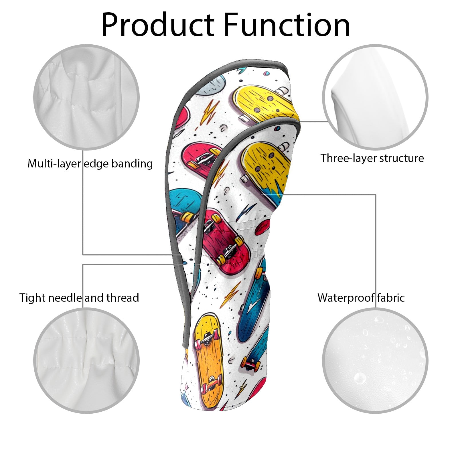 Golf Head Covers Skateboard Pattern for Driver, Wood & Hybrid, Premium Waterproof PU Leather with Plush Lining, Cool Sports Golf Gifts
