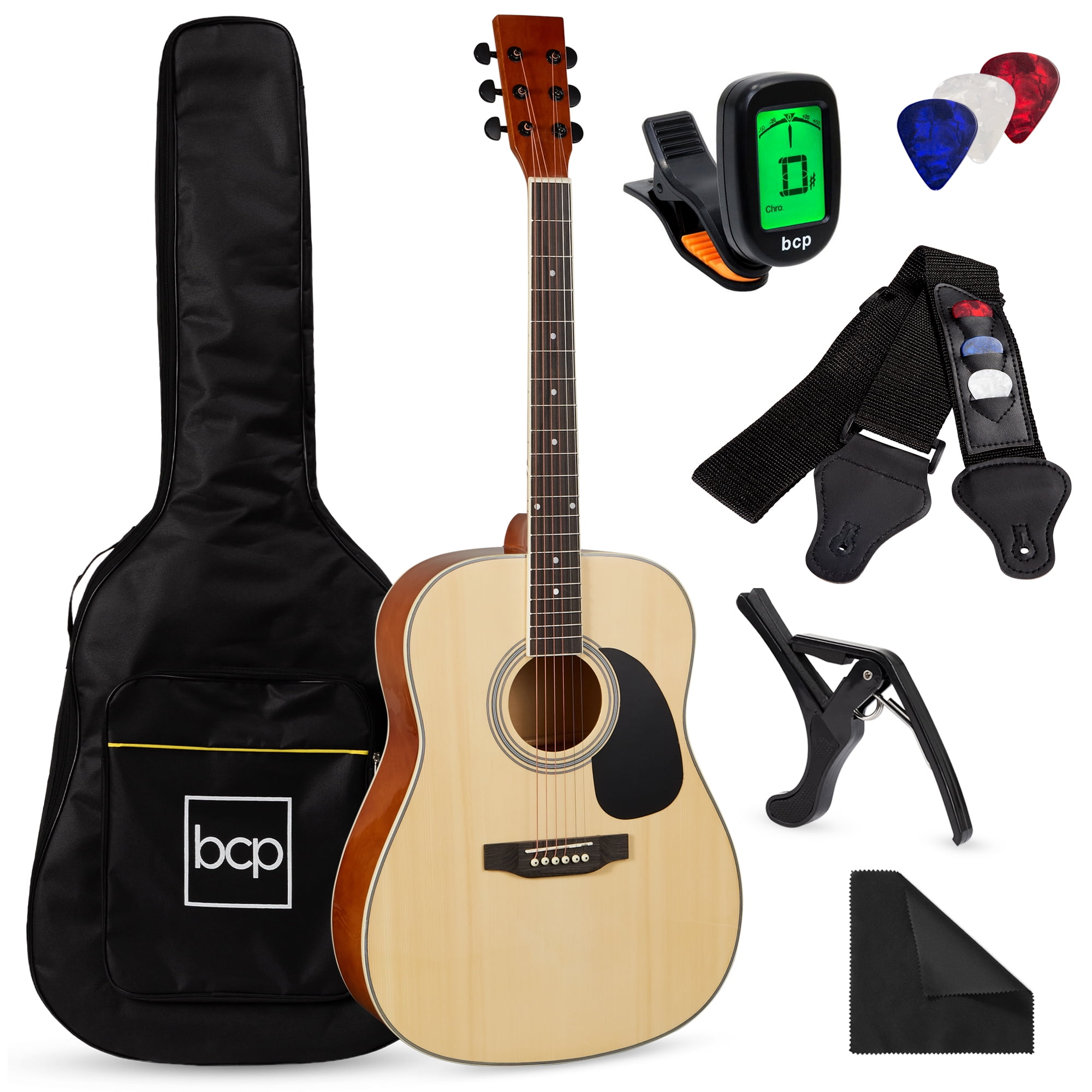 E-Tuner Best Choice Products 41in Full Size Acoustic Electric Cutaway Guitar Set w/ 10-Watt Amp Capo Case Natural 