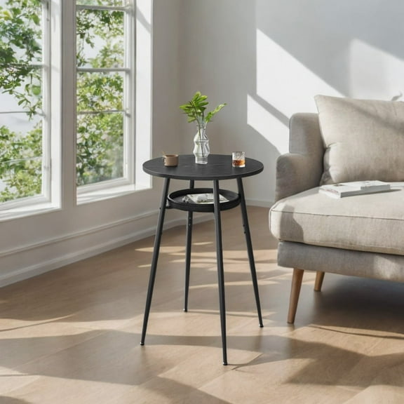 LEDREM Round Bar Table with Hidden Storage, Mid-Century Modern Design, Synthetic Leather Top, Swivel Leveling Feet, Easy 4-Step Assembly, Ebony Black and Ink Black