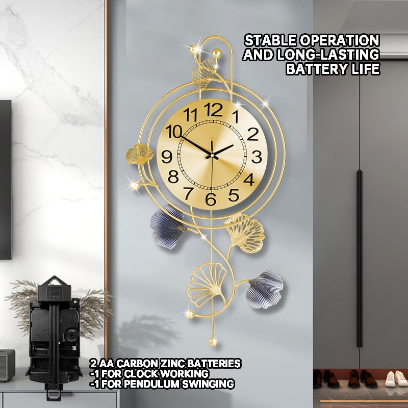 Elegant Metal Wall Clock with Pendulum and Gold and Gray Leaves, Modern Non-Walking Silent Metal Wall Clock