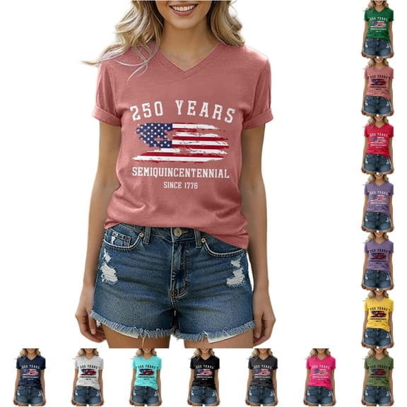 Trendfront Womens Patriotic Shirts V Neck 4th Of July 250th Anniversary American Flag Graphic Tee USA Casual Short Sleeve Summer Wear