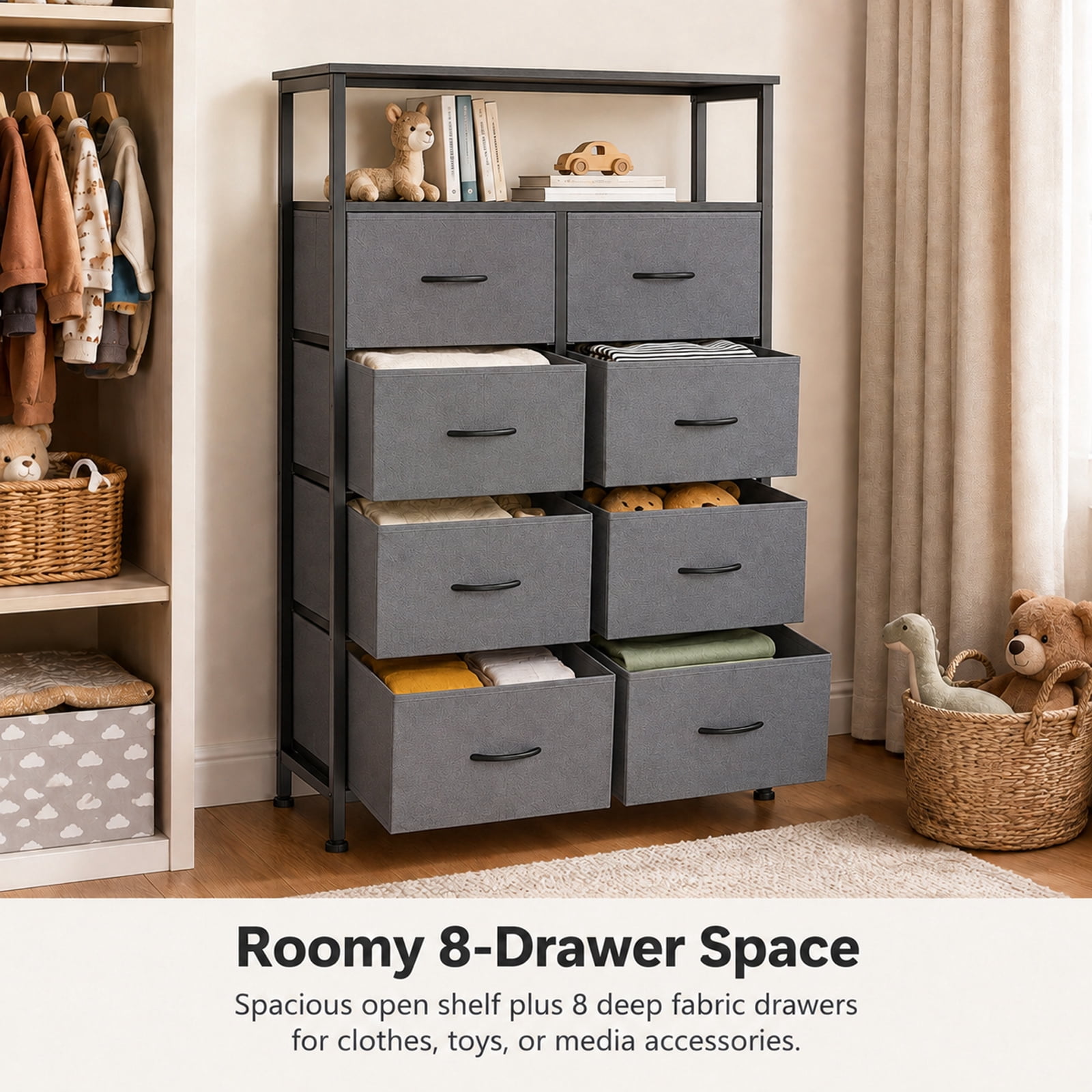 Alvantor 8-Drawer Fabric Dresser with Open Shelf, Chest of Drawers, Steel, MDF, Storage Organizer Unit, Closet, Entryway