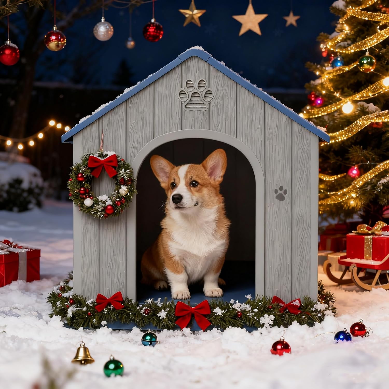 Dog House Outdoor Indoor, Plastic Small Dog House-Weatherproof Design with Air Vents & Elevated Floor for Small to Medium Dogs, Easy Clean and Assemble (Blue)