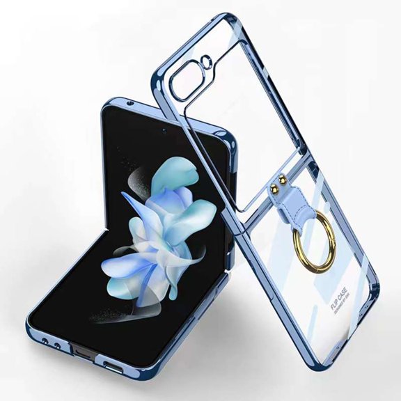 Haobuy Compatible with Samsung Galaxy Z Flip 5 Clear Case with Ring Kickatnd Transparent Plating Crystal Cover-Blue