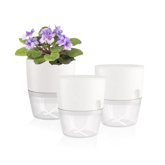 3.2 Inch Self Watering Planters Plastic Planter Pots 3 Pack Wicking Flower Pots Modern Decorative Planter for House Plants,Herbs,Indoor Outdoor Plant (White)