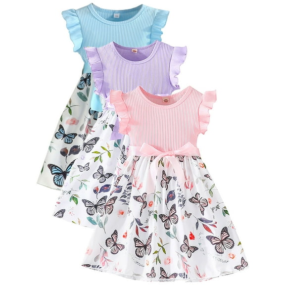 WIBACKER Toddler and Little Girls Ruffle Short Sleeve Dress Butterfly Kids Summer Sundress with Belt