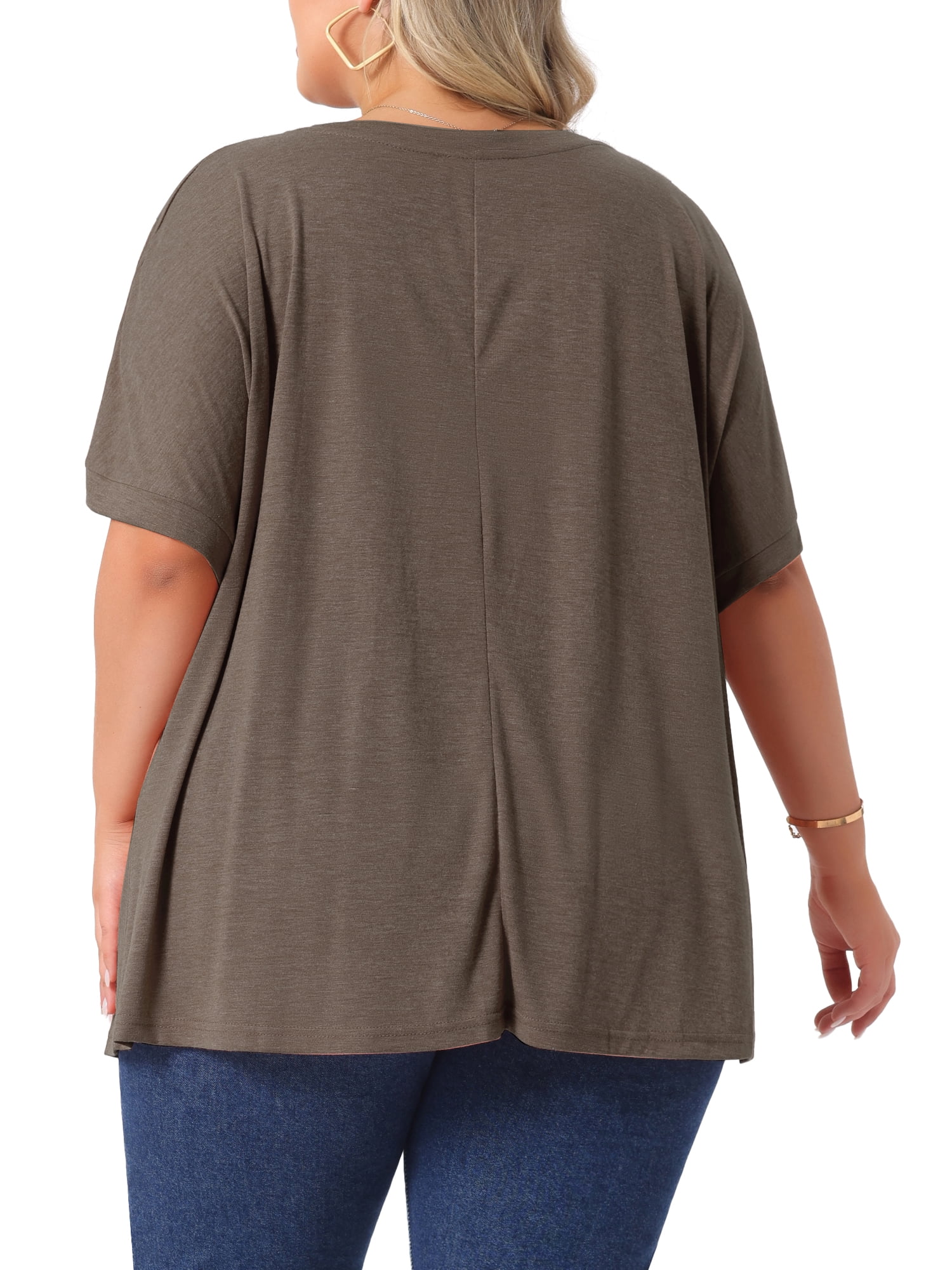 DARING DIVA Women's Plus Crew Neck Loose Fit T Shirt with Pocket Casual 2X Coffee
