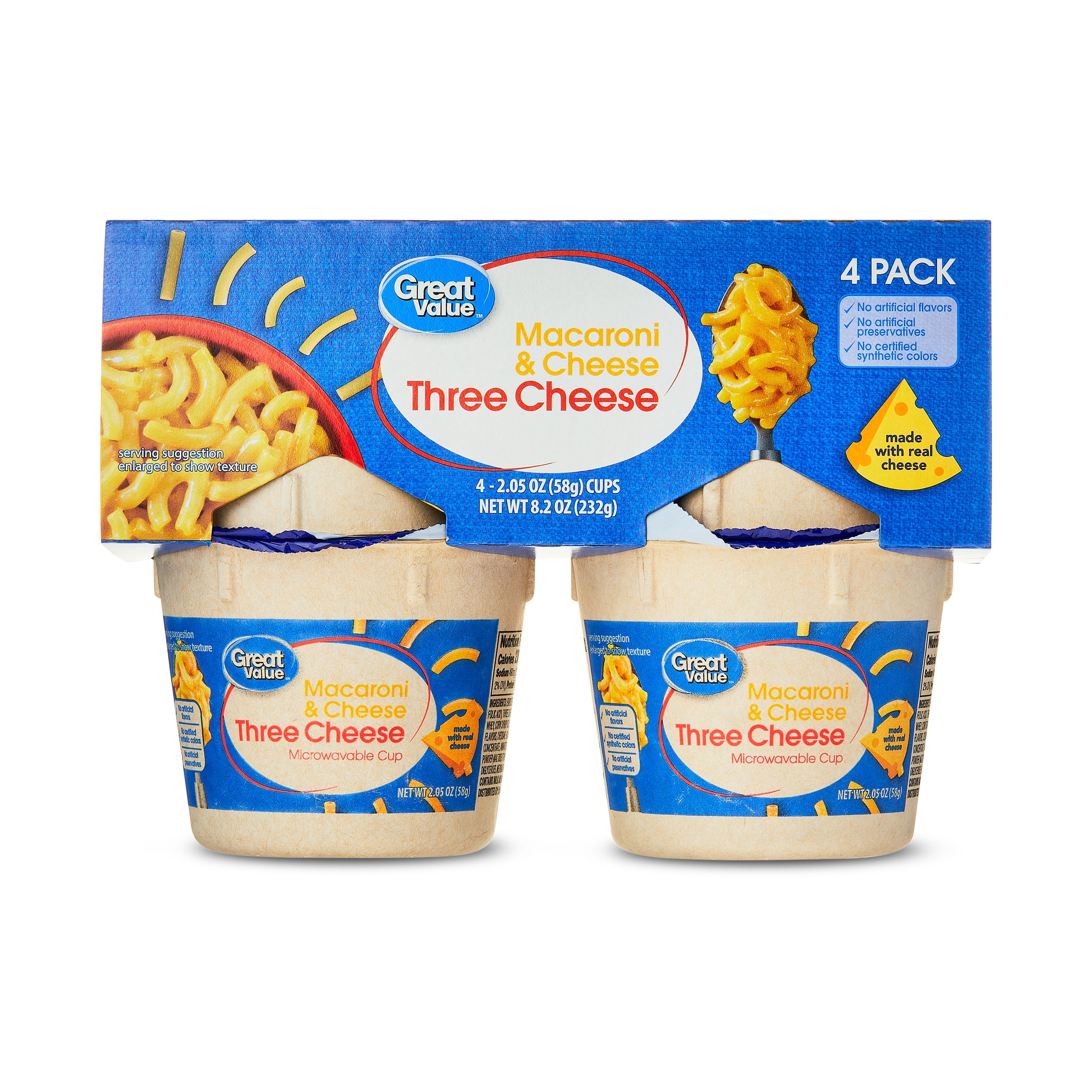 (6 pack) Great Value Three Cheese Macaroni & Cheese, 2.05 oz, 4 Count (Shelf Stable)