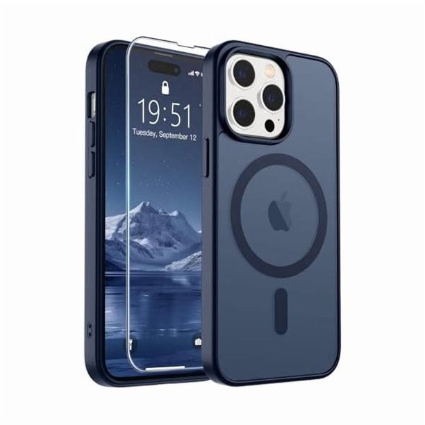 Chenchen Magnetic for iPhone 14 Pro Max Case with Screen Protector (Compatible with MagSafe) (Military Grade Drop Protection) Translucent Matte Shockproof Phone Cover,Dark Blue