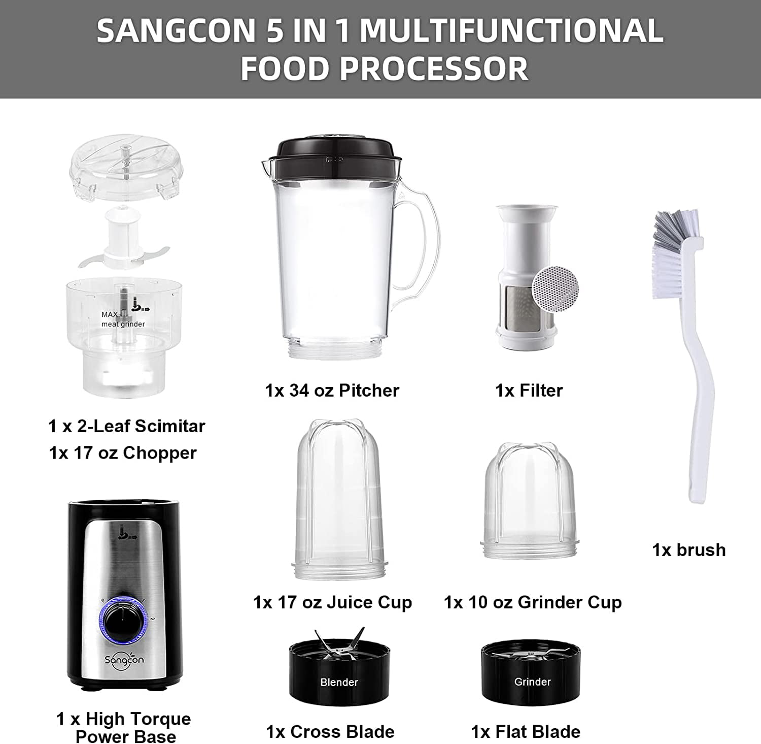 Sangcon 5 in 1 Blender and Food Processor Combo for Kitchen & Sangcon  Electric Salt and Pepper Grinder Mill Set, Safety & Gravity Switch