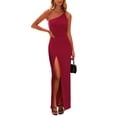 thumbnail image 1 of Vestido PRETTYGARDEN de un Hombro con Tirantes Finos y Abertura Alta en Vino Rojo Talle S, 1 of 7