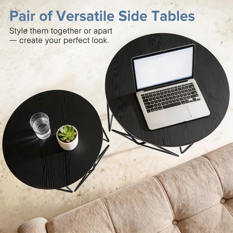 Simenmax 2-Piece Round Nesting Coffee Table Set with Hidden Storage, Modern Geometric Side Tables and Movable End Tables for Living Room, Black