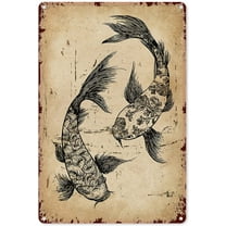 Metal Fishing Signs inksketch Koi Fish Retro Sign Decor Tin Aluminum Wall Art Poster for Man Cave Home Party Outdoor Garage 16x12 inch
