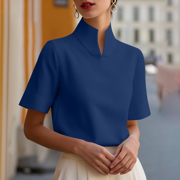 Babysbule Women Split Stand Mock Neck Set-in Short Sleeve Business