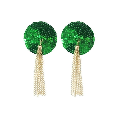 

Shiny Sequines Nipple Covers for Women Reusable Adhesive Silicone Pasties Rave Breast Petals 2Pcs——Green round sequins+metal tassels | | One size