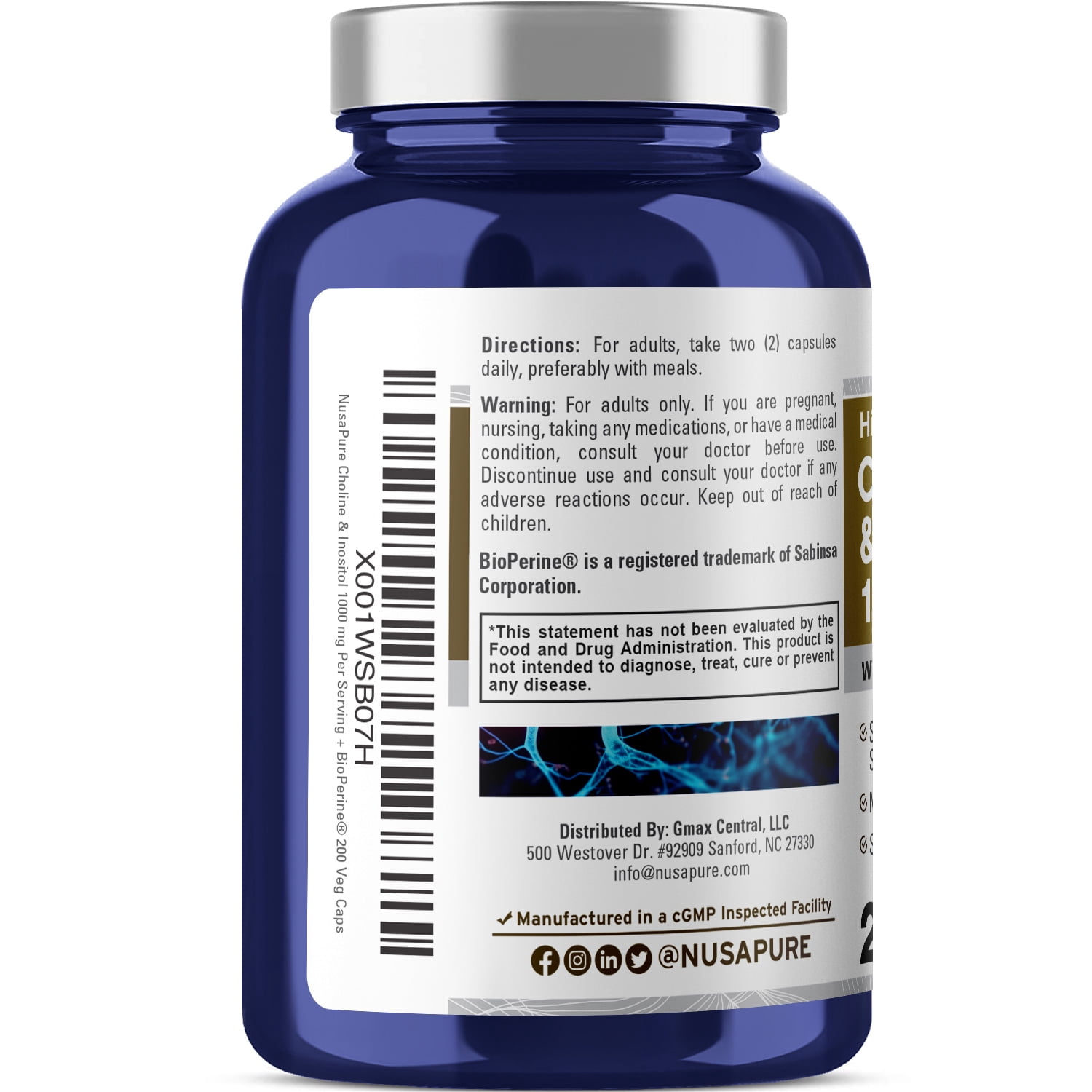 NusaPure Choline & Inositol 1000mg - 200 Veggie Caps (100% Vegetarian, Non-GMO)