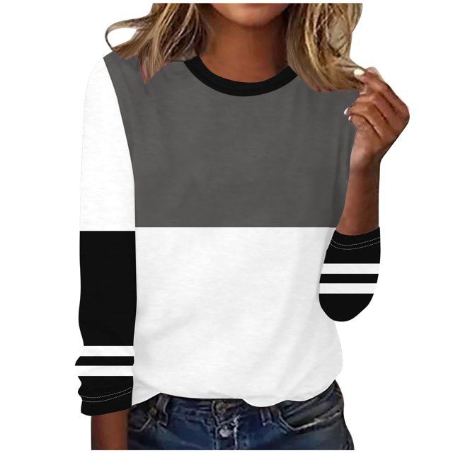 Lenpel T-Shirts pour Femmes à Manches Longues, Col Ras du Cou, T-Shirt à Blocs de Couleur, Hauts Décontractés Amples, Chemisiers, Tenues d'Automne (Gris, 3X-Grand)
