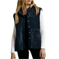 thumbnail image 2 of Women's Sleeveless Faux Fur Vest, Stand Collar Patchwork Jacket, Lightweight Fleece Vest with 3 Pockets, Casual Commute Vest, Button Front Vest Navy M, 2 of 5