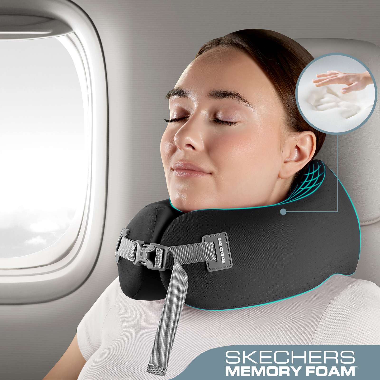 Skechers Memory Foam Car U-Shaped Neck Pillow,Ergonomic Support,Breathable Mesh,Removable Cover,for Car,Office,and Travel Black