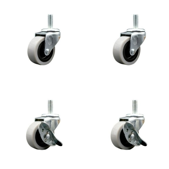 2 Inch Polyurethane Wheel 3/8 Inch Threaded Stem Caster Set with 2 Brakes SCC