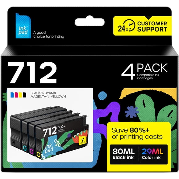 712XL Ink Cartridges Compatible Replacement for HP 712XL 712 Ink Cartridges Combo Pack for HP DesignJet T210 T630 T650 T250 T230 Printer (4 Pack, 80-