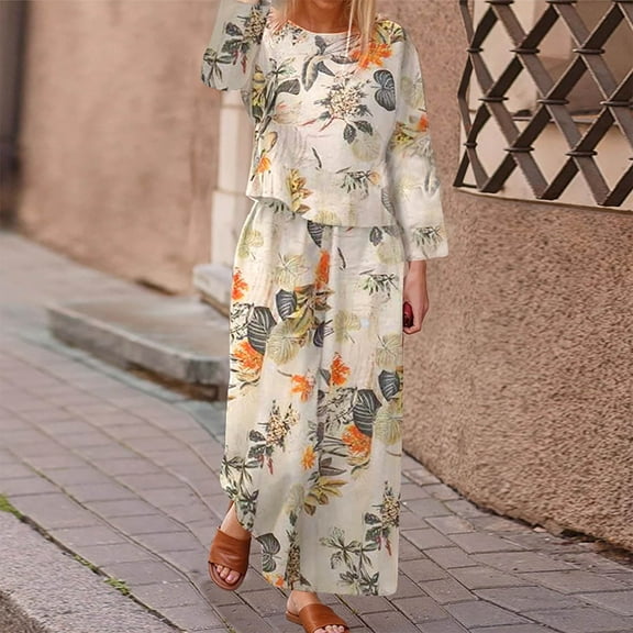 Wancir Womens Summer Linen Sets 2 Piece Lounge Sets Long Sleeve T Shirts with Linen Pants Plus Size Vacation Outfits