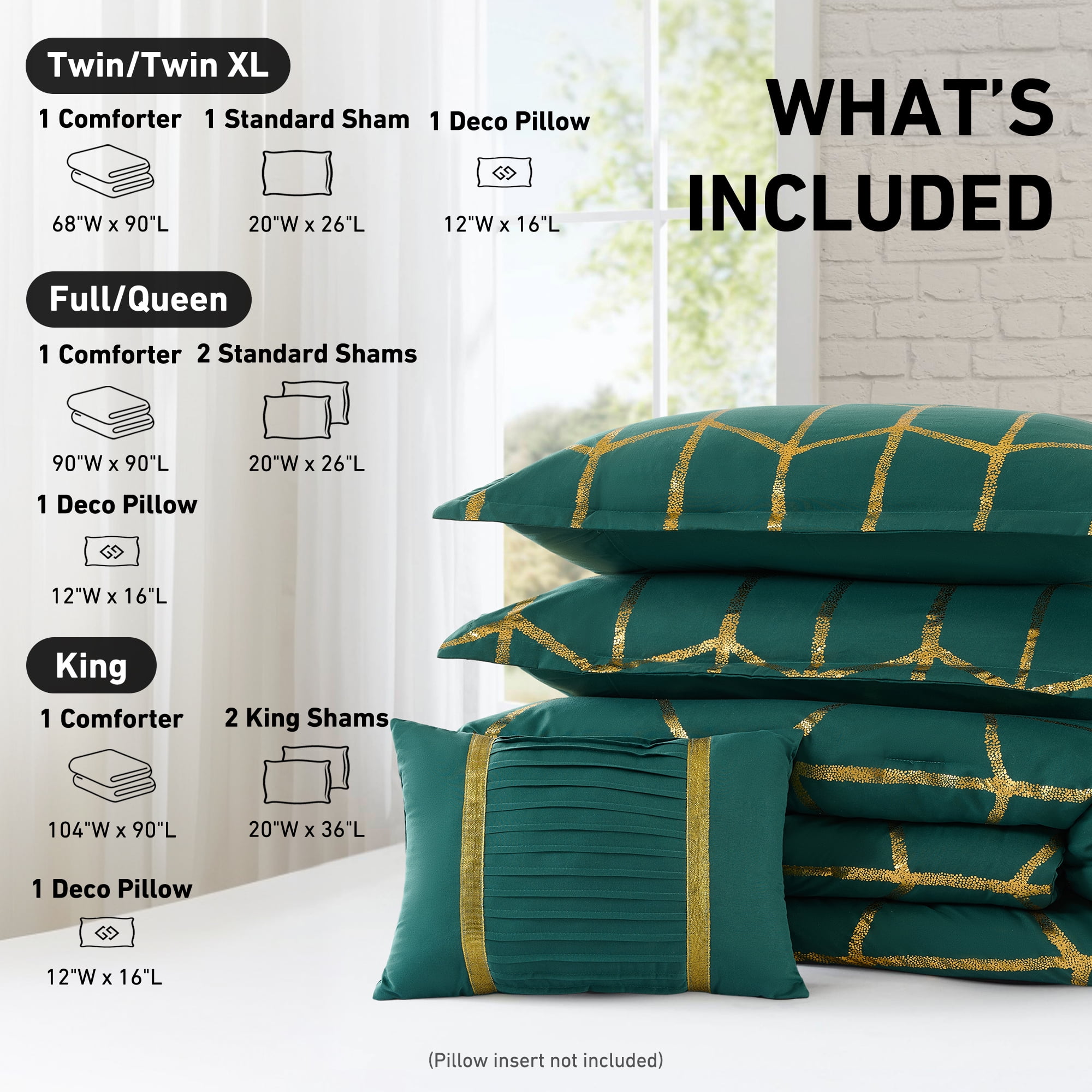 Regency Heights Full/Queen Size Comforter Set, 4-Piece Bedding Set for All Seasons, Geometric Metallic Comforter Bed Set with Decor Pillows,Green/Gold