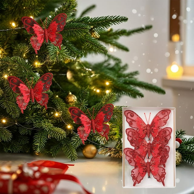 SPOORYYO 3pcs Glitter Christmas Butterfly Ornaments | Hanging Decorative Butterflies for Tree, Wall, or Outdoor Decor | Festive Simulation Decorations in Pink, Gold, Red, Silver - 4.52x3.93 in