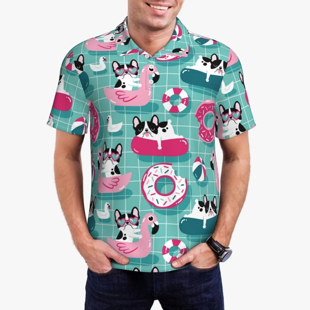 Balery Dogs With Swimming Camisa Polo de Hombre con Estampado, de Manga Corta y Tejido Medio, Camisa Tipo Golf Polo-XX-Large