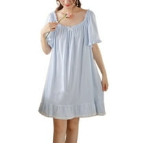 Defitshape Women's Cotton Nightgown Soft Short Pajama Dress Victorian Ruched Scoop Neck Short Sleeve Sleeping Shirt Summer Fall Frilly Hem Nightshirt Fall Comfy Sleepwear Light Blue X-Large