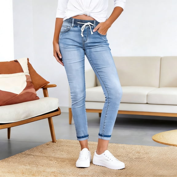 VBVC Women's Drawstring Stretch Denim Joggers,High Waist Pull On Cropped Jeans For Women,Ladies Light Wash Skinny Pants with Pockets,Blue,S-2XL