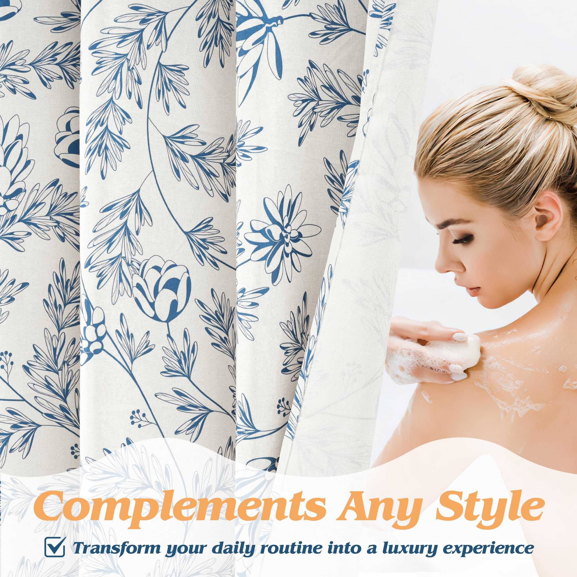 Inosoo Elegant Blue Floral Print Linen - Look Shower Curtain, Thick & Soft Faux Linen Cloth Bathroom Curtain, 72" W x 72" L
