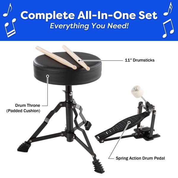 Kids 3-Piece Drum Set with Cymbal, 2 Toms, Bass Drum and Pedal, Drumsticks and Drum Throne for Beginners, Blue by Hey! Play!