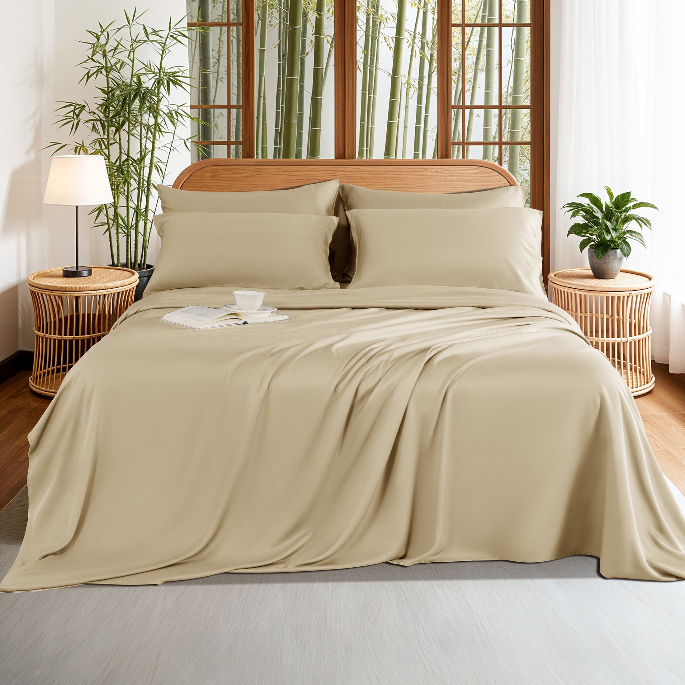 Sonoro Kate 100% Organic Luxurious Bamboo Sheets, Queen Sheet Set 6-Piece with 16" Deep Pocket, Silky Smooth Luxury Bed Sheets, Beige