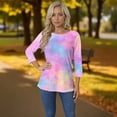 thumbnail image 5 of Tie Dye Tee Shirts for Women 3/4 Sleeve Crew Neck Casual Loose Fit Pullover Top Spring Summer Women Clothes, 5 of 6