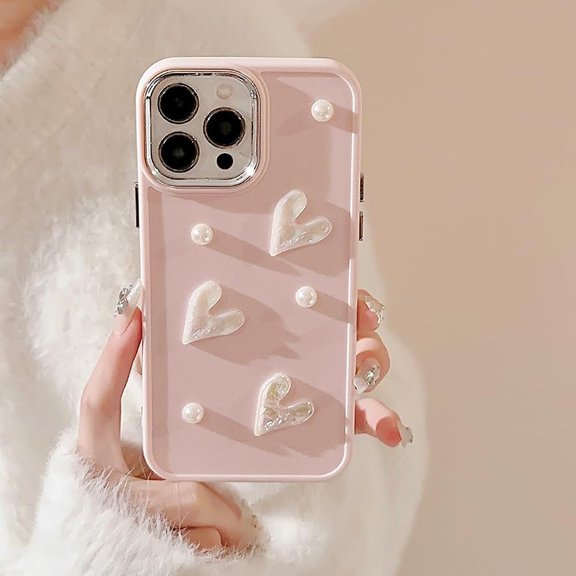 Compatible with iPhone 12/12 Pro Case for Girls Women,Cute 3D Love Heart Pearl Design Protection Case Fashion Slim Soft TPU Shockproof Protective Cover for iPhone 12/12 Pro-Pink
