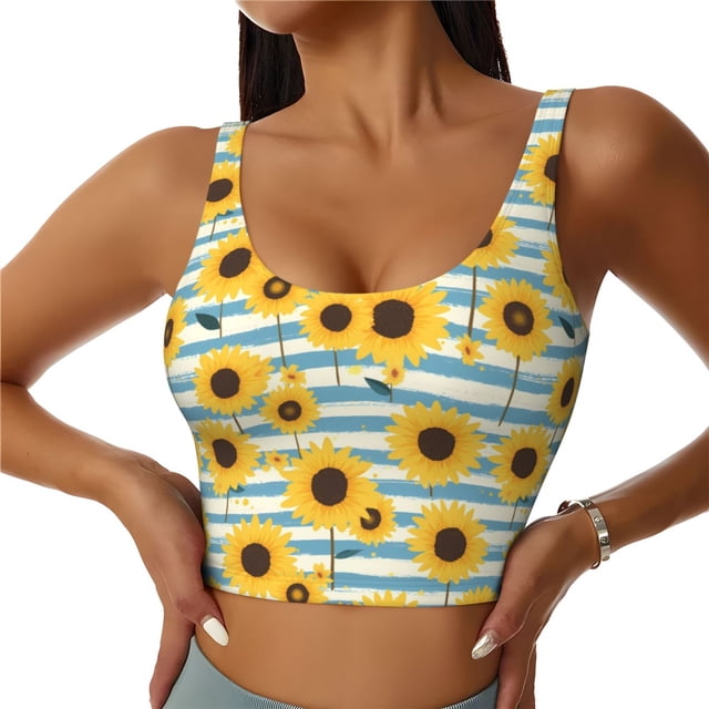 Fotbe Blue White Striped Sunflower A Sujetador Deportivo Largo sin Aros para Mujer con Almohadillas y Soporte Medio, Transpirable y Absorbente, Camiseta Tipo Chaleco o Tank Top-X-Large