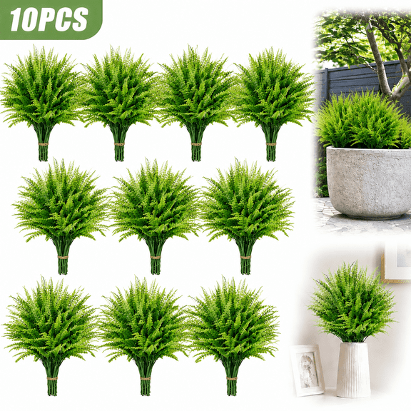 Ustris 10PCS Fake Fern Outdoors - Ferns Artificial Plants for Outdoor Ferns That Look Real Boston Faux Fern Stems Indoor Nearly Natural UV Resistant Outdoor Plants Artificial for Porch Greenery Decor
