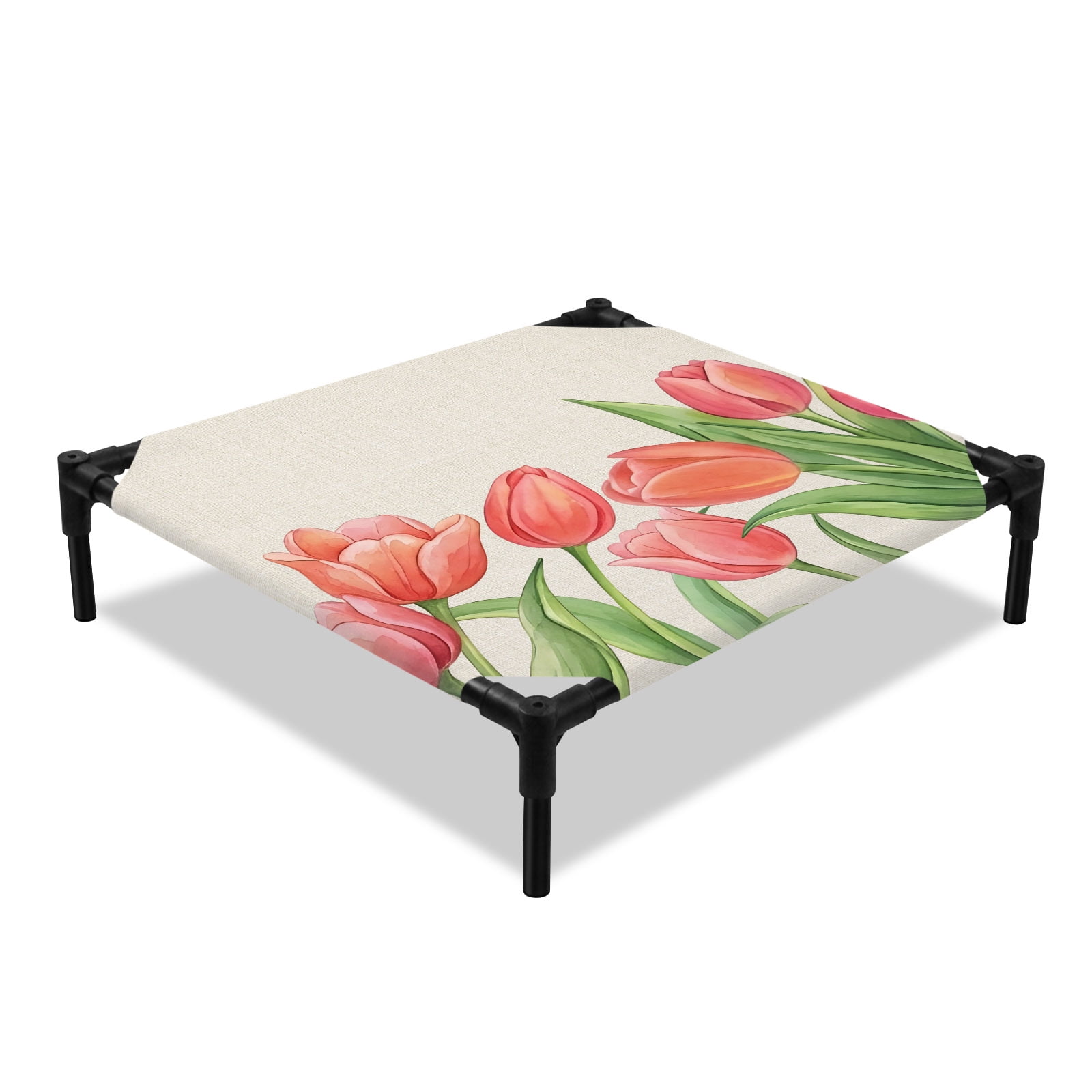 Tulip Elevated Dog Bed Rustic Watercolor Pink Tulip Spring Floral Leaves Linen Cooling Breathable Outdoor Raised Dog Cot Bed with Metal Frame Non-Slip Feet for Small Dog 20x20in