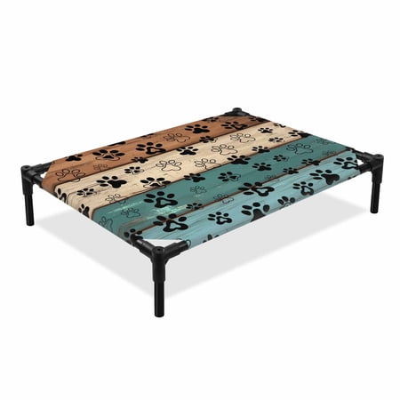 Dog Paws Elevated Dog Bed Brown Blue Wood Grain Cooling Breathable Outdoor Raised Dog Cot Bed with Metal Frame Non-Slip Feet for Medium Dog 24x20in
