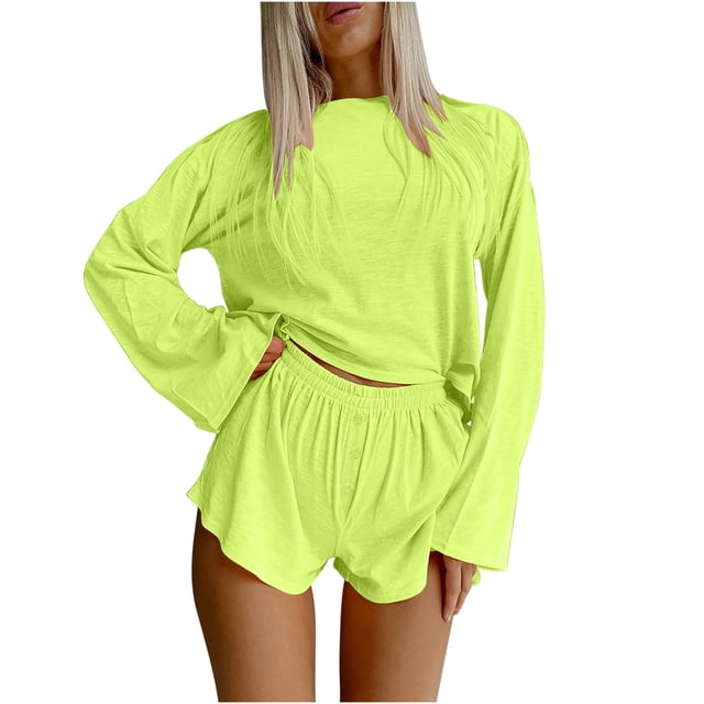 Mikilon Ensemble de Pyjama Décontracté pour Femmes, Simple, Couleur Unie, Manches Longues, Ensemble de Shorts, Pyjama Décontracté, Haut/chemise à Col Rond, Vert P