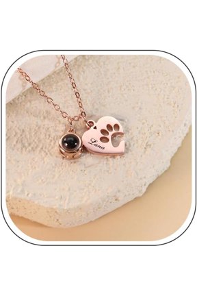 Paw Name Projection Necklace with Heart, Projection Photo Necklace, Customized Picture Inside Jewelry, Pet Memorial Gifts for Women
