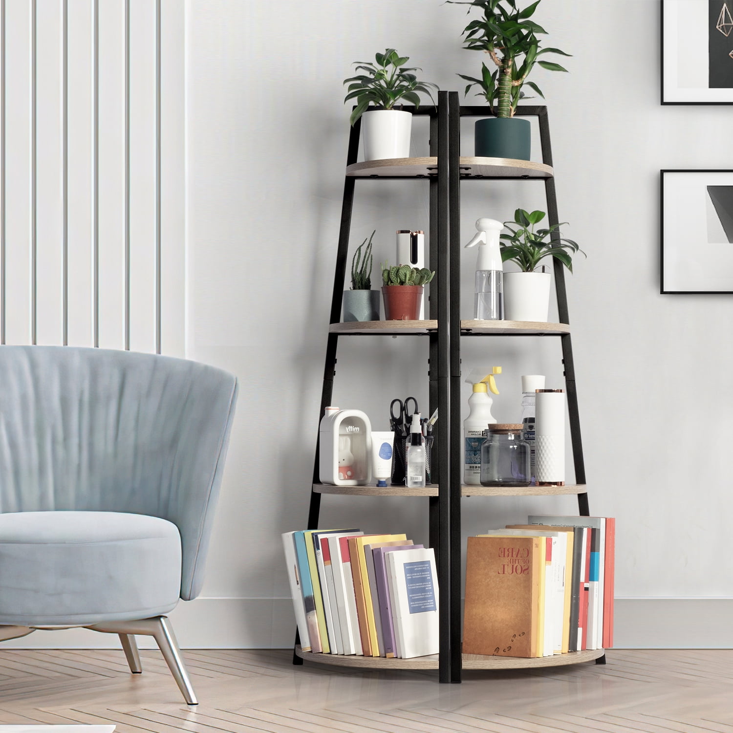 Kadyn 4-Tier Corner Ladder Wood Shelf, Display Rack Multipurpose Bookshelf and Plant Stand for Living Room and Office, Light Brown