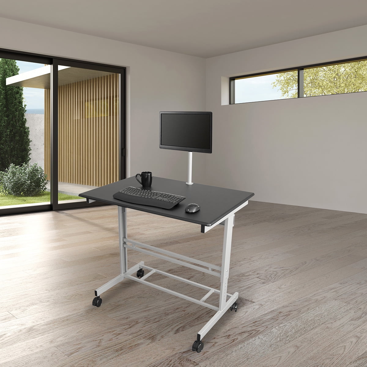 Stand Up Desk Store Rolling Adjustable Height Mobile Standing Desk with Monitor Mount (Silver Frame/Matte Black Top, 40" Wide)